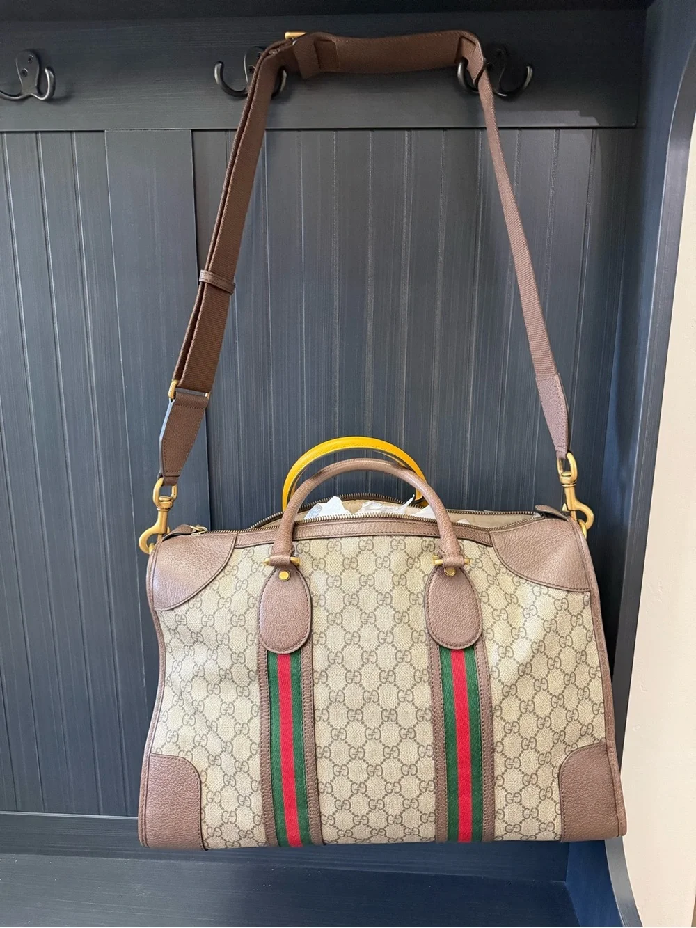 Gucci Beige GG Supreme Canvas Duffel with Brown Leather and Green-Red Web